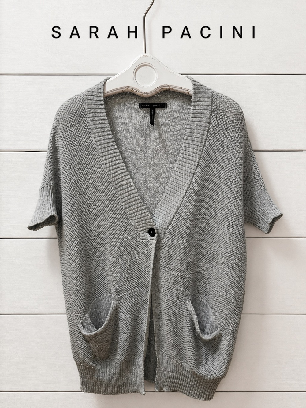 SARAH PACINI Gray Shimmer Knit Short Sleeve Cardigan One Size